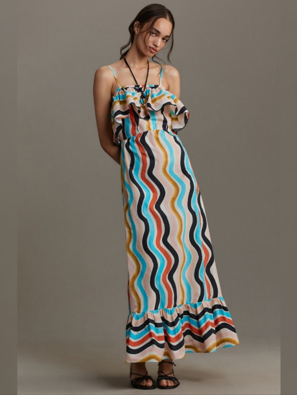 Farm Rio Sleeveless‎ Ruffle Maxi Dress In Novelty Multicolor Spaghetti Strap